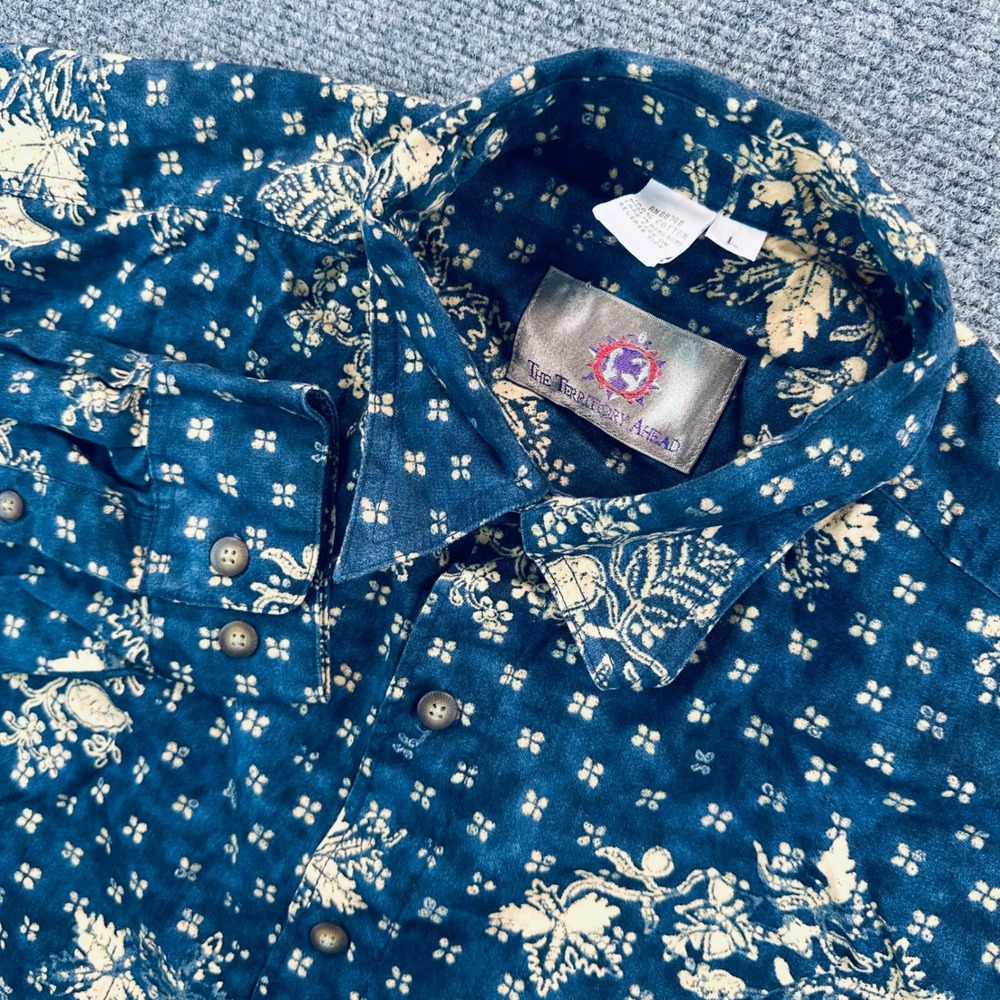 The Territory Ahead Men's Large Indigo Blue Cotton Botanical Block Print Shirt